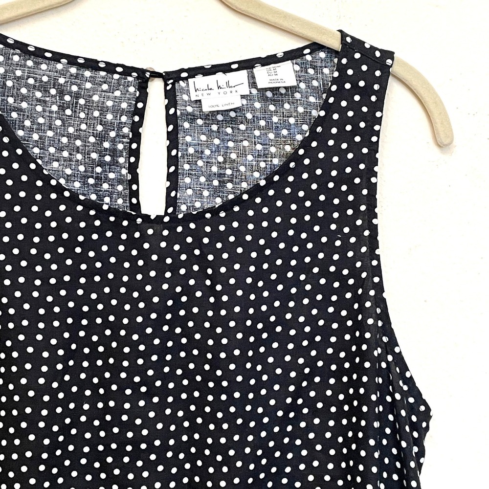 Nicole Miller New York Women Black Polka Dot 100% Linen Sleeveless Shift Dress M